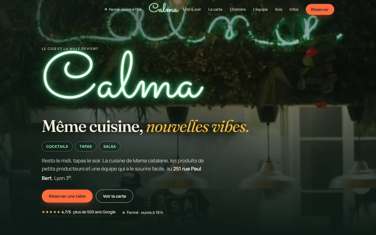 Page d'accueil du site Calma